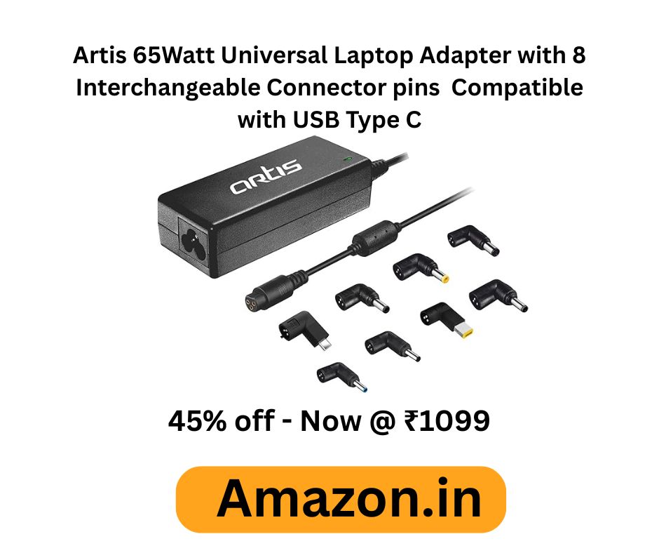 Artis 65Watt Universal Laptop Adapter with 8 Interchangeable Connector pins (Power Cord Included) Compatible with USB Type C/Dell/HP/Lenovo/ASUS/Acer/Samsung/Compaq/IBM/Toshiba